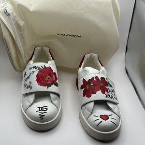 Dolce & Gabbana White Sneakers with Red Floral Accents